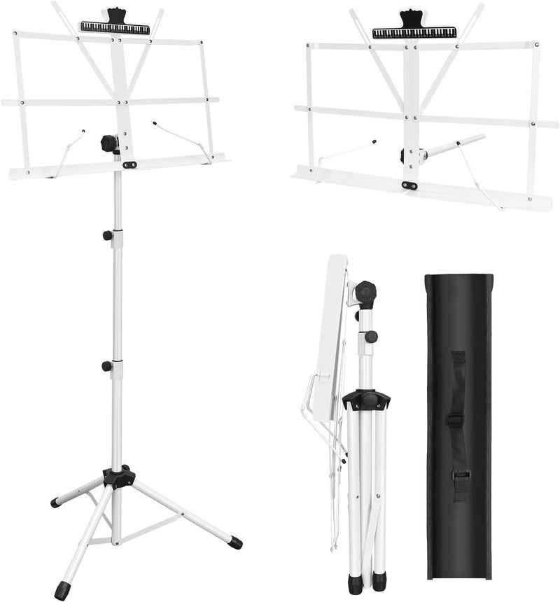 DkOvn 1 Pack Music Stand, 2 in 1 Dual-Use Folding Sheet Music Stand, Lightweight Portable Adjustable Desktop Book Stand with Music Sheet Clip Holder & Carrying Bag - Image 1